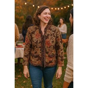 Chicos L Floral Tapestry Fringe Silk Blend Brown Red Boho Cottage Prairie Jacket